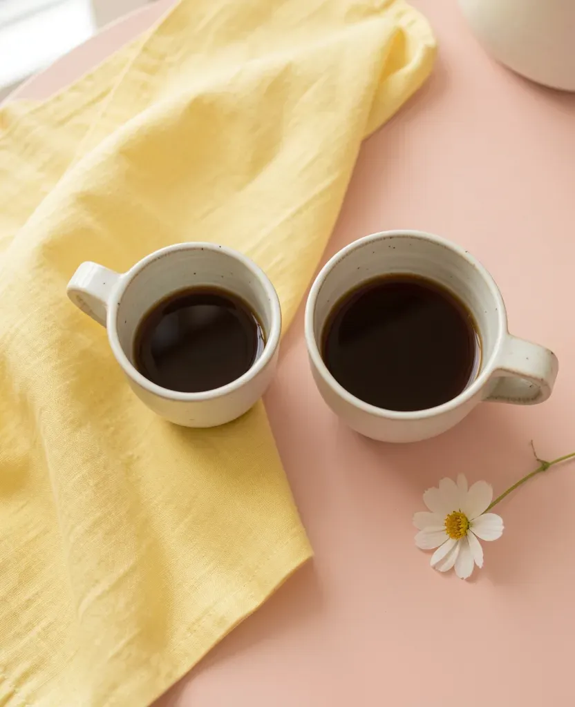 Dos tazas de café sobre una mesa rosa
