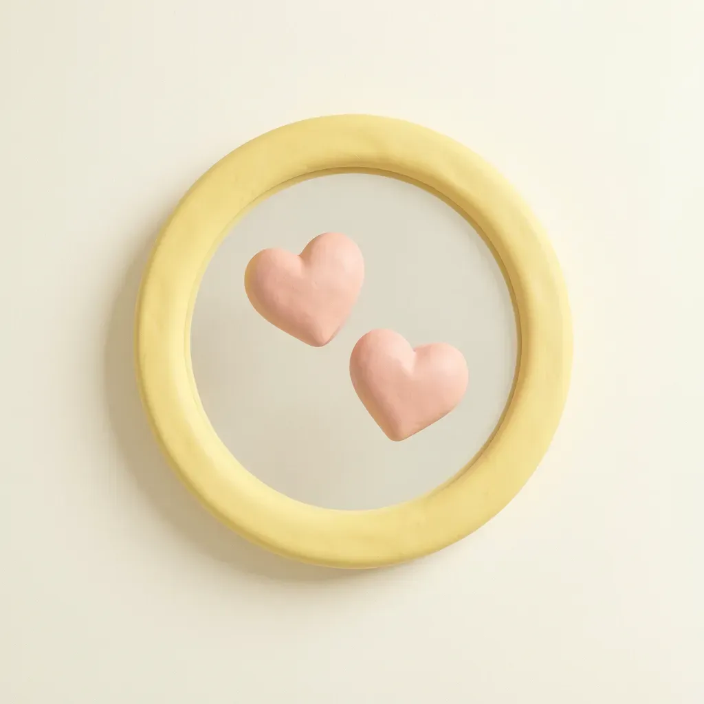 Espejo amarillo con dos corazones rosas